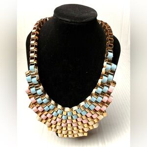 Grosgrain Ribbon Metal Chain Bib Statement Necklace Bohemian Boho Retro Colorful